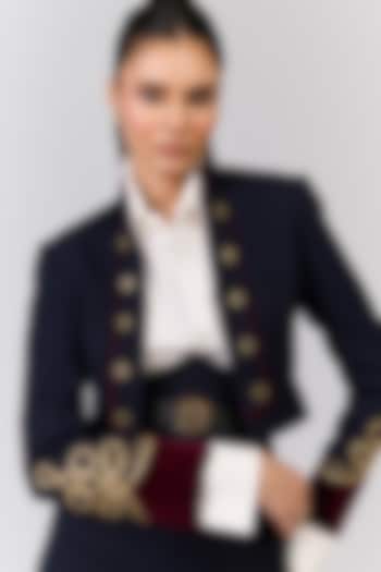 Navy Blue Poly Blend Viscose Lycra Embroidered Crop Jacket by S&N by Shantnu Nikhil at Pernia's Pop Up Shop