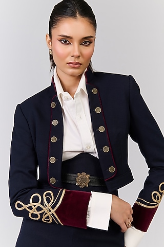 Navy Blue Poly Blend Viscose Lycra Embroidered Crop Jacket by S&N by Shantnu Nikhil
