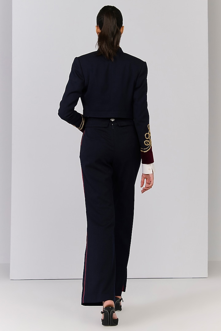 Navy Blue Poly Blend Viscose Lycra Embroidered Crop Jacket by S&N by Shantnu Nikhil at Pernia's Pop Up Shop