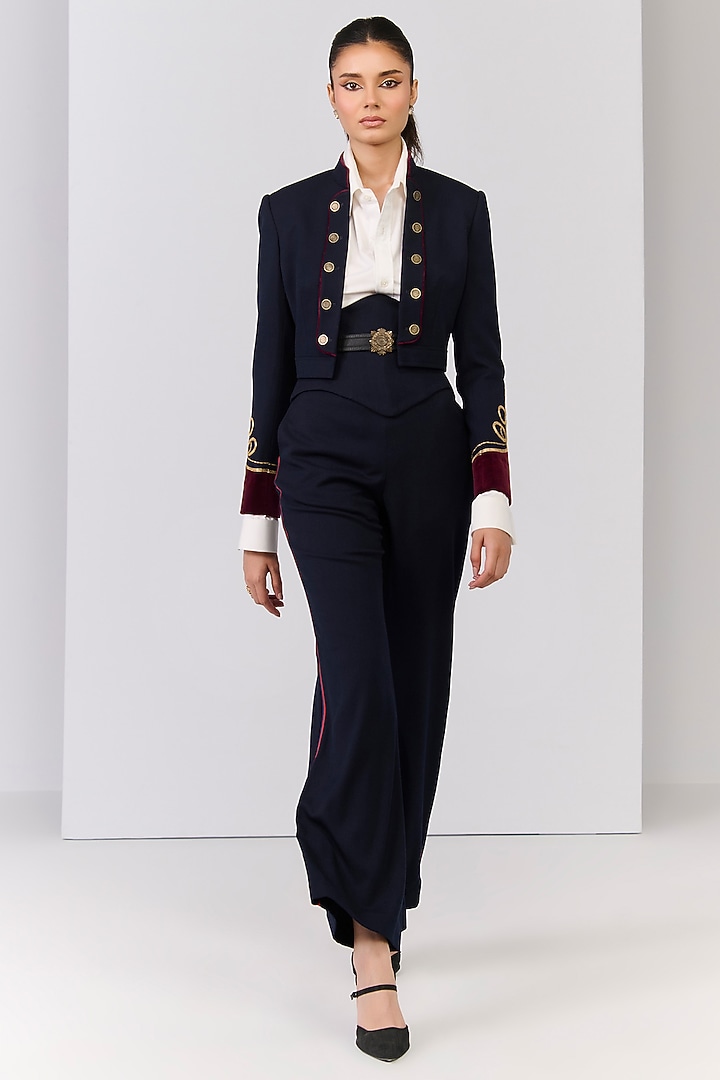 Navy Blue Poly Blend Viscose Lycra Embroidered Crop Jacket by S&N by Shantnu Nikhil at Pernia's Pop Up Shop