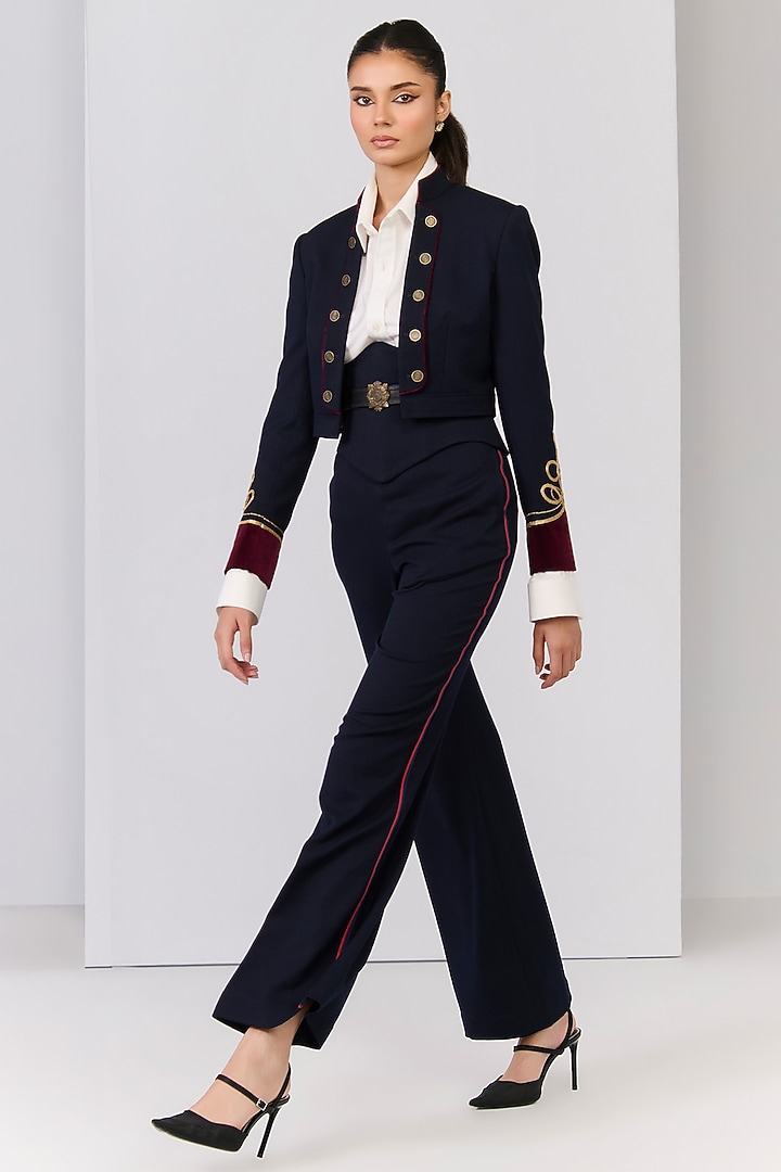 Navy Blue Poly Blend Viscose Lycra Embroidered Crop Jacket by S&N by Shantnu Nikhil at Pernia's Pop Up Shop