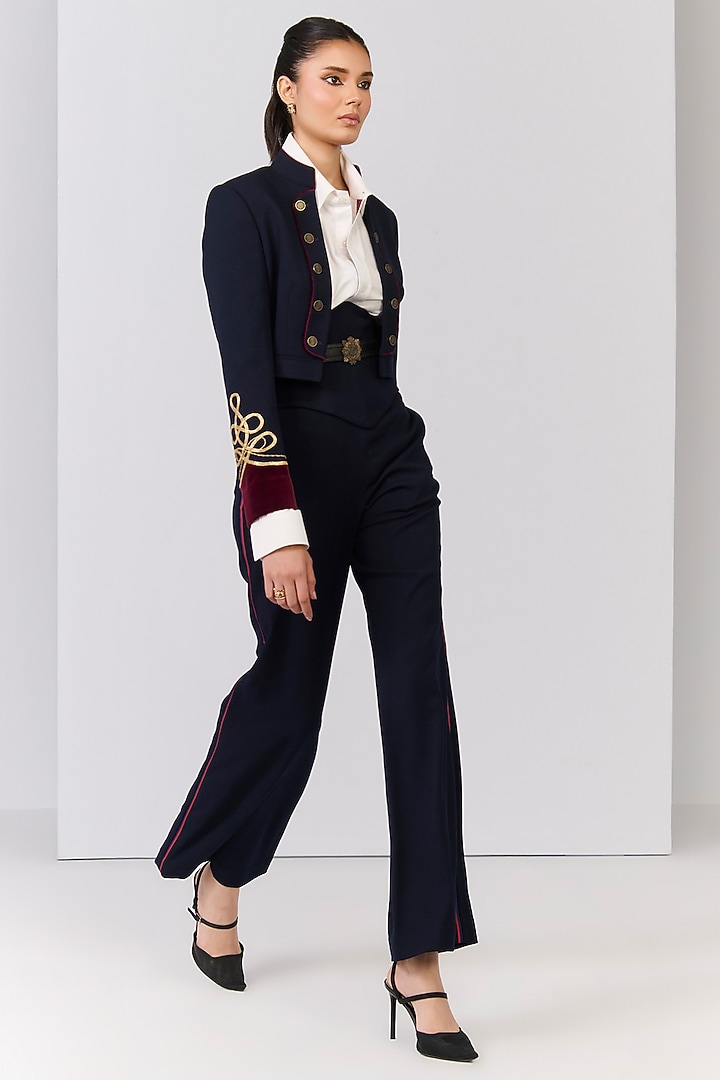 Navy Blue Poly Blend Viscose Lycra Embroidered Crop Jacket by S&N by Shantnu Nikhil at Pernia's Pop Up Shop