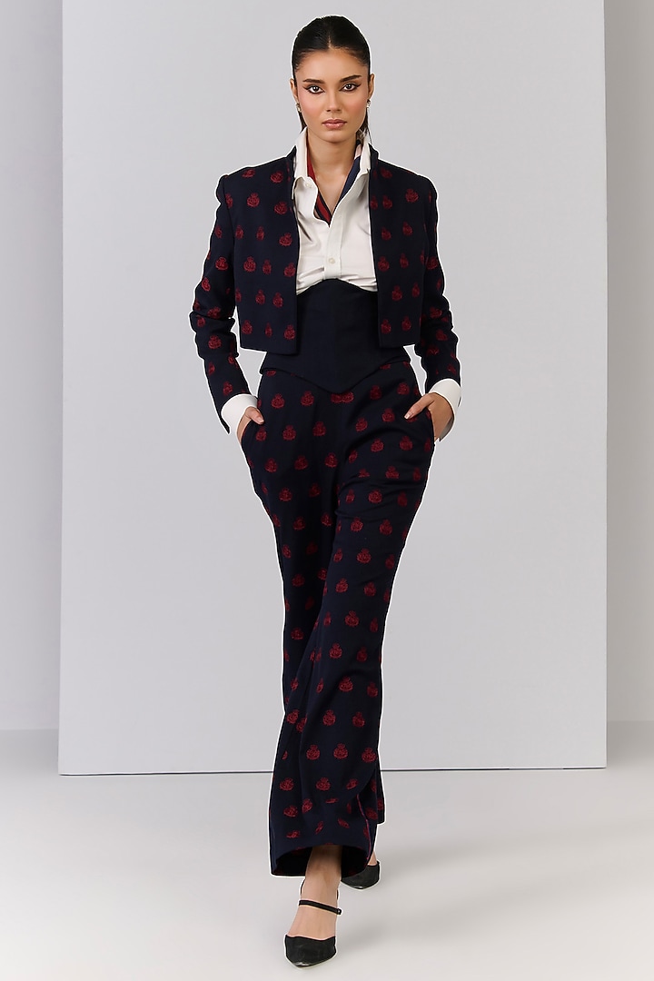 Navy Blue Poly Blend Viscose Lycra Embroidered Crop Jacket by S&N by Shantnu Nikhil at Pernia's Pop Up Shop