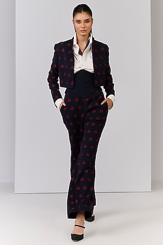 Navy Blue Poly Blend Viscose Lycra Embroidered Crop Jacket by S&N by Shantnu Nikhil