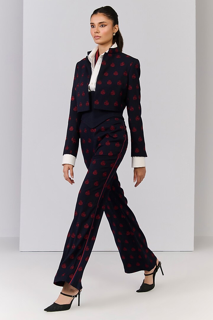 Navy Blue Poly Blend Viscose Lycra Embroidered Crop Jacket by S&N by Shantnu Nikhil at Pernia's Pop Up Shop