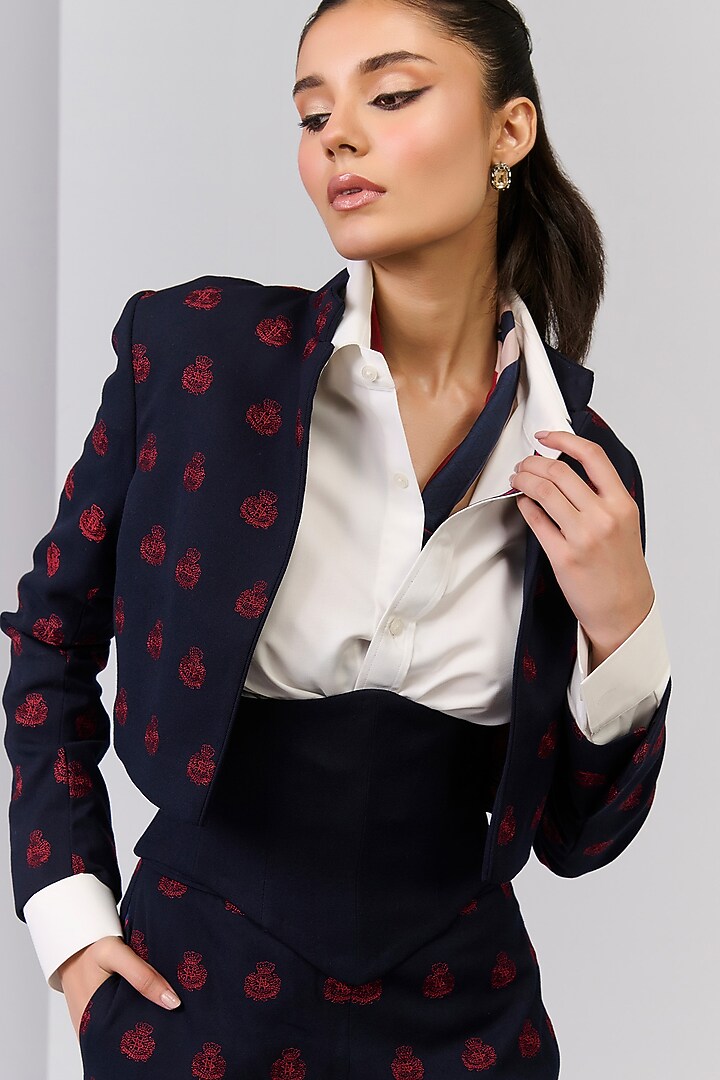 Navy Blue Poly Blend Viscose Lycra Embroidered Crop Jacket by S&N by Shantnu Nikhil at Pernia's Pop Up Shop