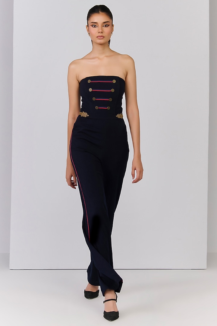 Navy Blue Poly Blend Viscose Lycra Embellished Jumpsuit by S&N by Shantnu Nikhil at Pernia's Pop Up Shop