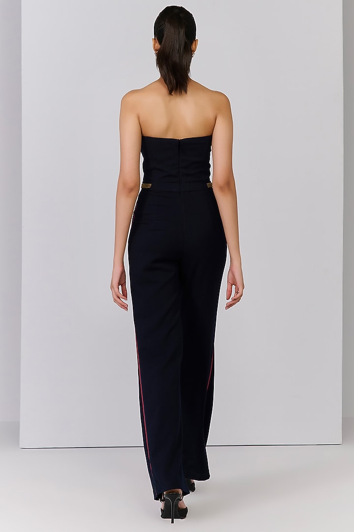 Navy Blue Poly Blend Viscose Lycra Embellished Jumpsuit by S&N by Shantnu Nikhil at Pernia's Pop Up Shop