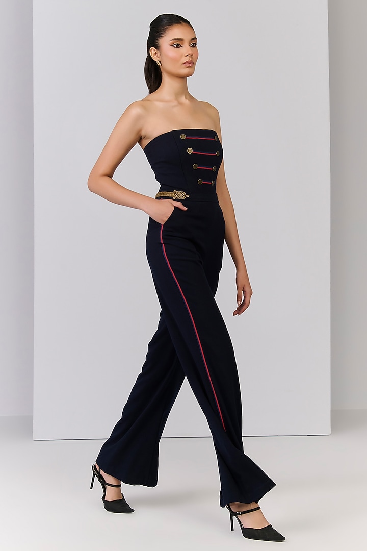 Navy Blue Poly Blend Viscose Lycra Embellished Jumpsuit by S&N by Shantnu Nikhil at Pernia's Pop Up Shop