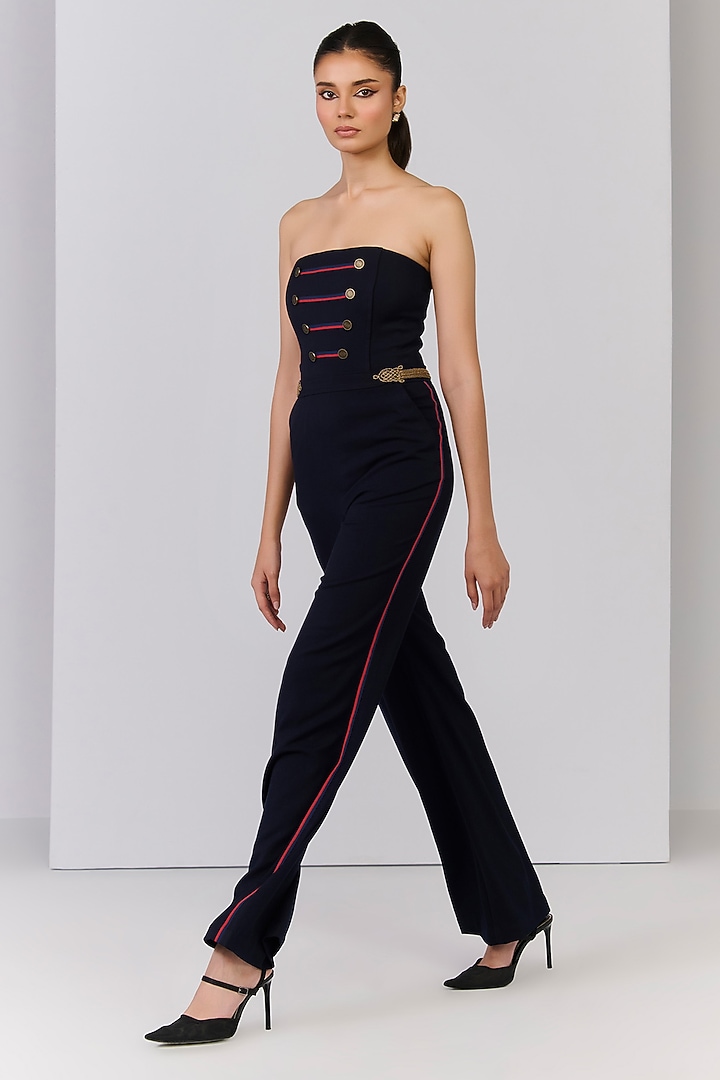 Navy Blue Poly Blend Viscose Lycra Embellished Jumpsuit by S&N by Shantnu Nikhil at Pernia's Pop Up Shop