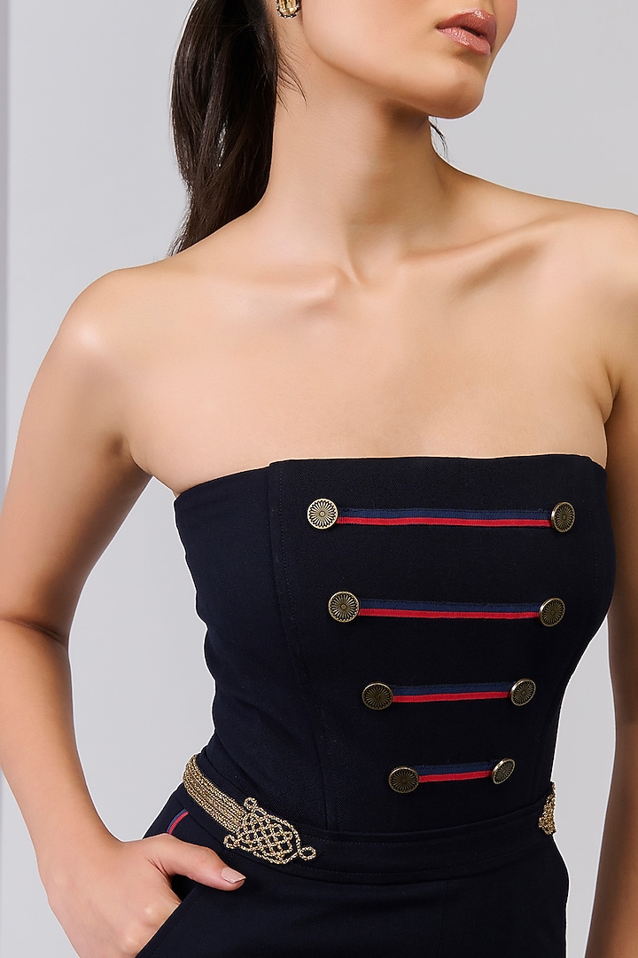 Navy Blue Poly Blend Viscose Lycra Embellished Jumpsuit by S&N by Shantnu Nikhil at Pernia's Pop Up Shop