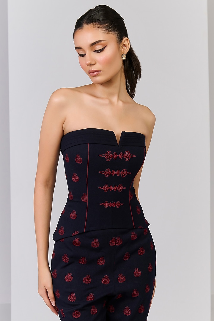 Navy Blue Poly Blend Viscose Lycra Embroidered Corset Top by S&N by Shantnu Nikhil at Pernia's Pop Up Shop