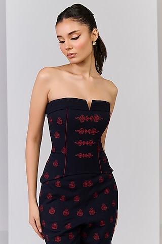 Navy Blue Poly Blend Viscose Lycra Embroidered Corset Top by S&N by Shantnu Nikhil