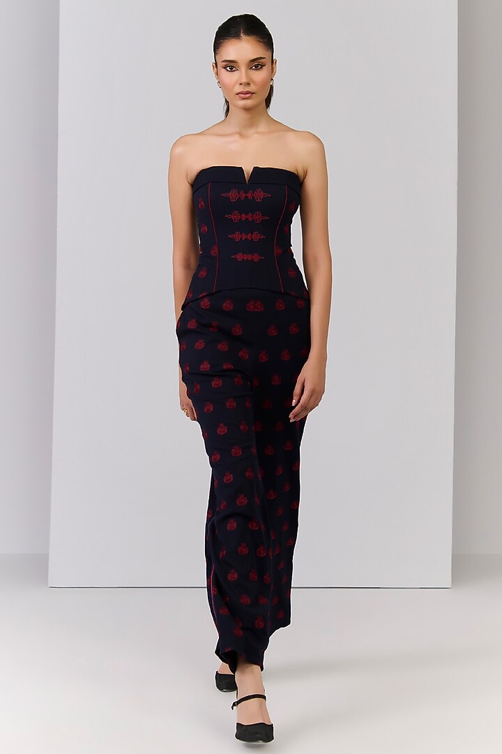 Navy Blue Poly Blend Viscose Lycra Embroidered Corset Top by S&N by Shantnu Nikhil at Pernia's Pop Up Shop