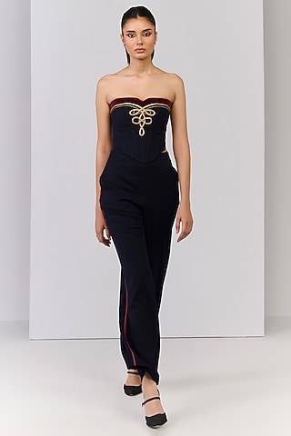 Navy Blue Poly Blend Viscose Lycra Embroidered Corset Top by S&N by Shantnu Nikhil