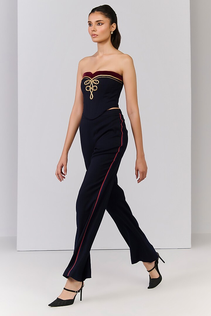 Navy Blue Poly Blend Viscose Lycra Embroidered Corset Top by S&N by Shantnu Nikhil at Pernia's Pop Up Shop