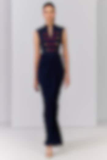 Navy Blue Poly Jersey Embellished Structured Engagement Gown by S&N by Shantnu Nikhil at Pernia's Pop Up Shop