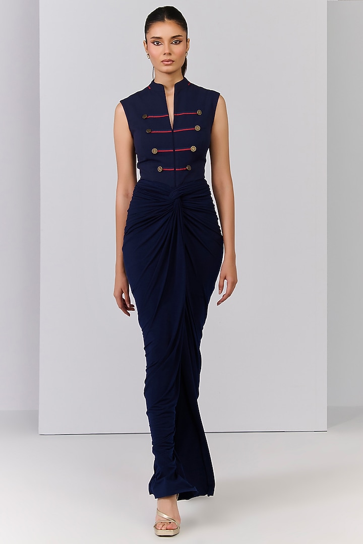 Navy Blue Poly Jersey Embellished Structured Engagement Gown by S&N by Shantnu Nikhil at Pernia's Pop Up Shop