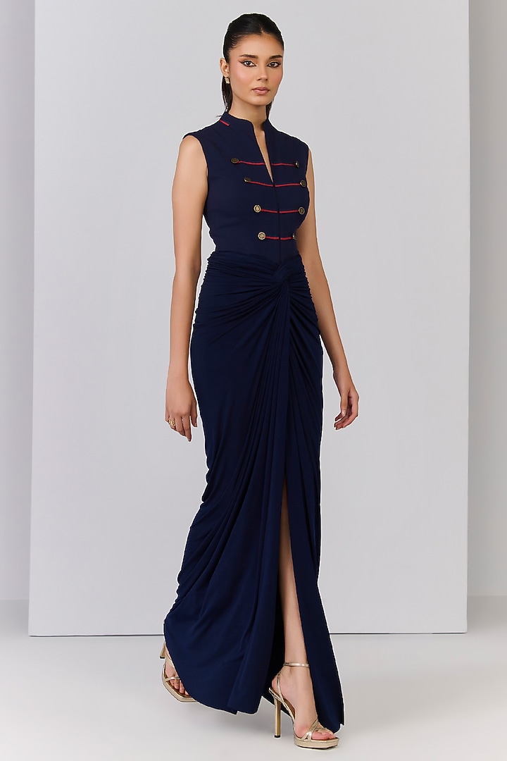 Navy Blue Poly Jersey Embellished Structured Engagement Gown by S&N by Shantnu Nikhil at Pernia's Pop Up Shop