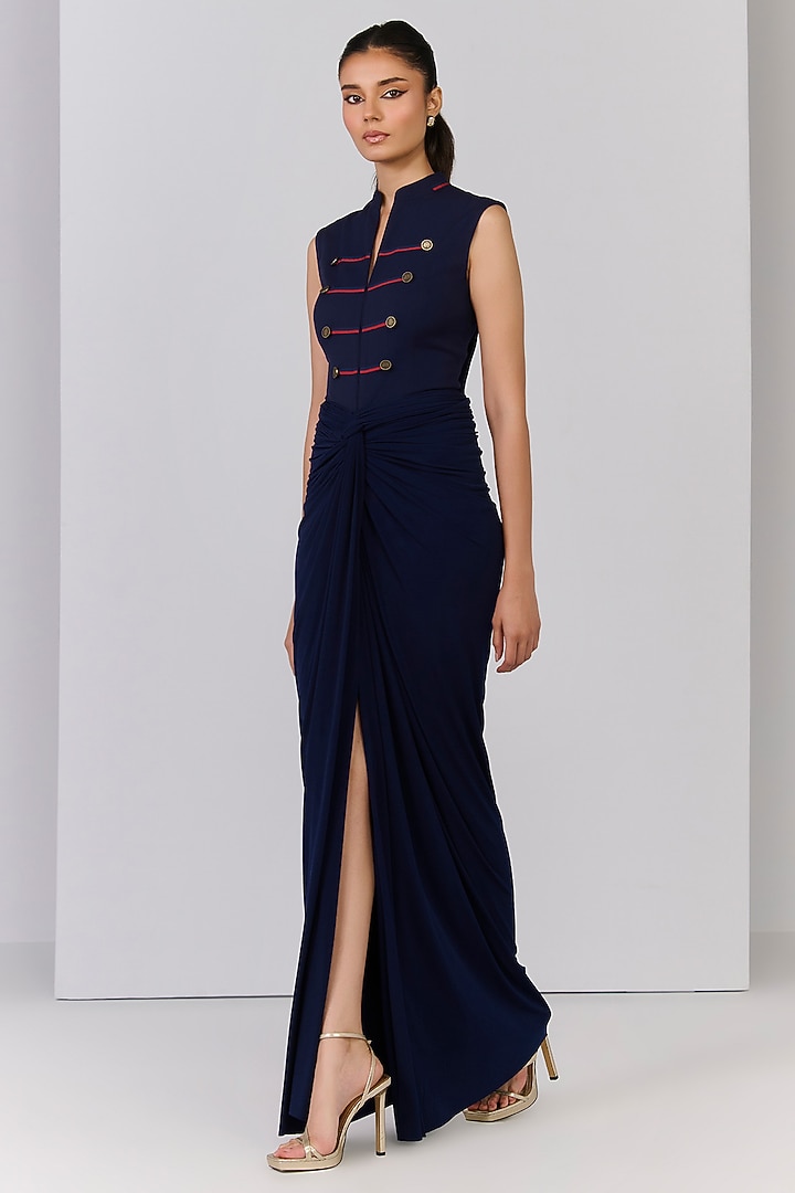 Navy Blue Poly Jersey Embellished Structured Engagement Gown by S&N by Shantnu Nikhil at Pernia's Pop Up Shop