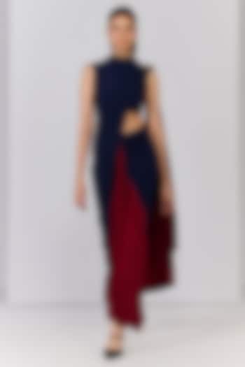 Navy Blue Poly Jersey Color Blocked Pre-Stitched Wedding Gown Saree Set by S&N by Shantnu Nikhil at Pernia's Pop Up Shop