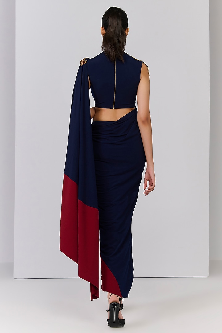 Navy Blue Poly Jersey Color Blocked Pre-Stitched Wedding Gown Saree Set by S&N by Shantnu Nikhil at Pernia's Pop Up Shop
