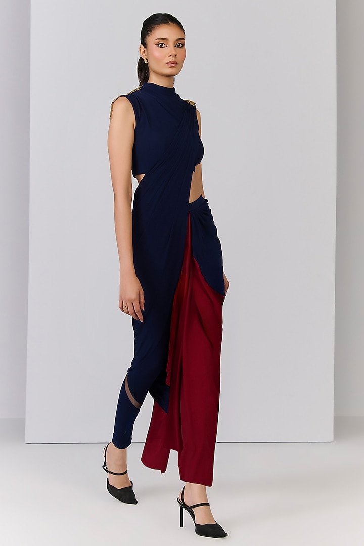 Navy Blue Poly Jersey Color Blocked Pre-Stitched Wedding Gown Saree Set by S&N by Shantnu Nikhil at Pernia's Pop Up Shop