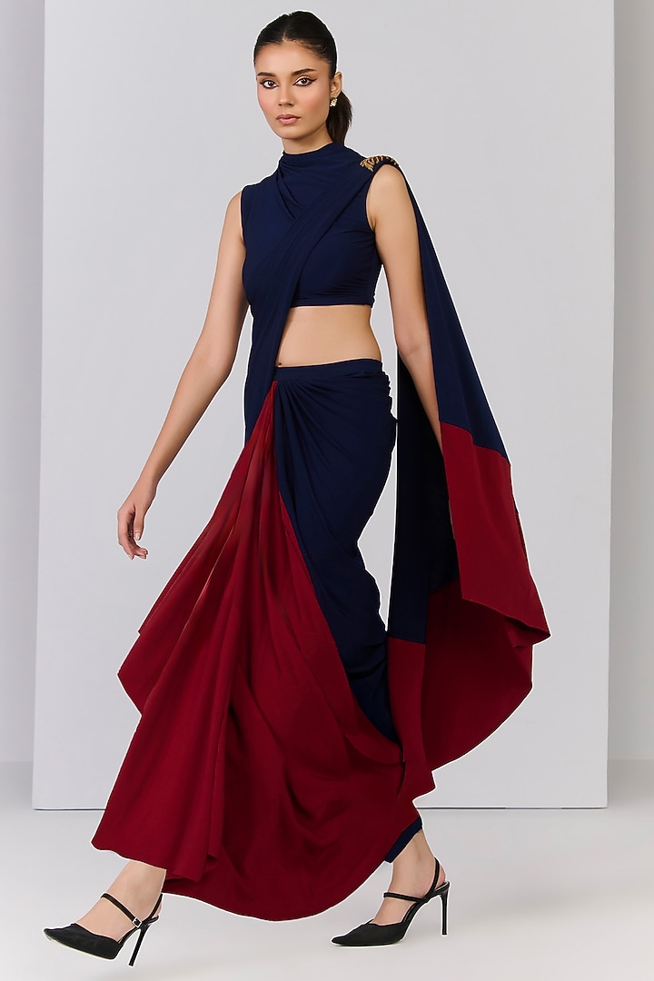 Navy Blue Poly Jersey Color Blocked Pre-Stitched Wedding Gown Saree Set by S&N by Shantnu Nikhil at Pernia's Pop Up Shop