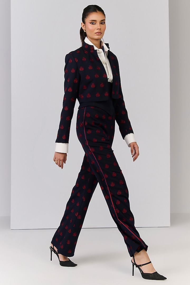 Navy Blue Poly Blend Viscose Lycra Embroidered Trousers by S&N by Shantnu Nikhil at Pernia's Pop Up Shop