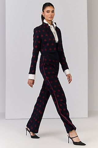 Navy Blue Poly Blend Viscose Lycra Embroidered Trousers by S&N by Shantnu Nikhil
