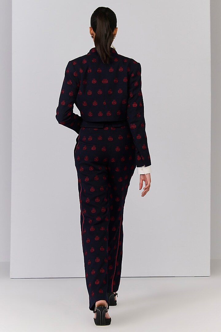 Navy Blue Poly Blend Viscose Lycra Embroidered Trousers by S&N by Shantnu Nikhil at Pernia's Pop Up Shop