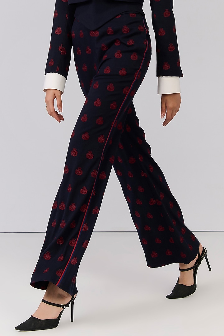 Navy Blue Poly Blend Viscose Lycra Embroidered Trousers by S&N by Shantnu Nikhil at Pernia's Pop Up Shop