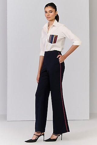 Navy Blue Poly Blend Viscose Lycra Embellished Trousers by S&N by Shantnu Nikhil