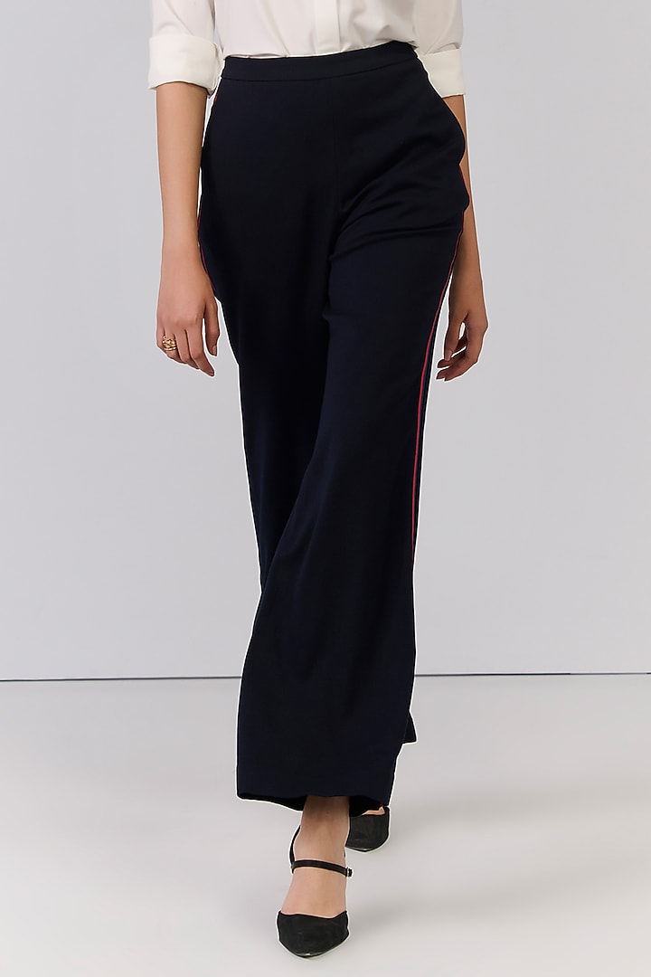 Navy Blue Poly Blend Viscose Lycra Embellished Trousers by S&N by Shantnu Nikhil at Pernia's Pop Up Shop