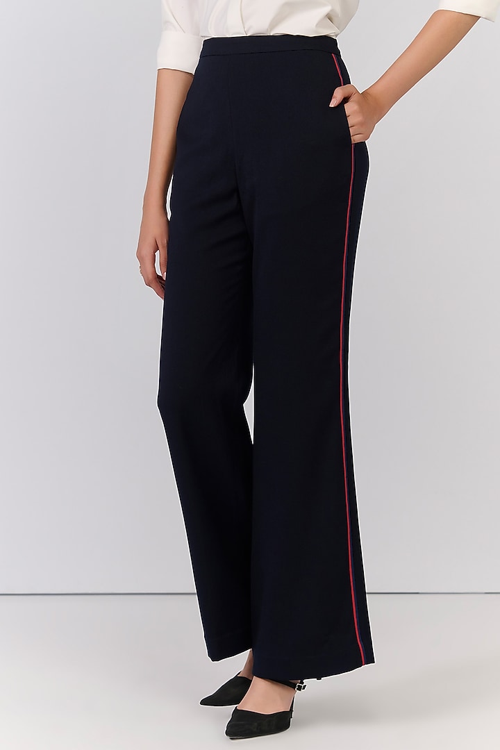 Navy Blue Poly Blend Viscose Lycra Embellished Trousers by S&N by Shantnu Nikhil at Pernia's Pop Up Shop