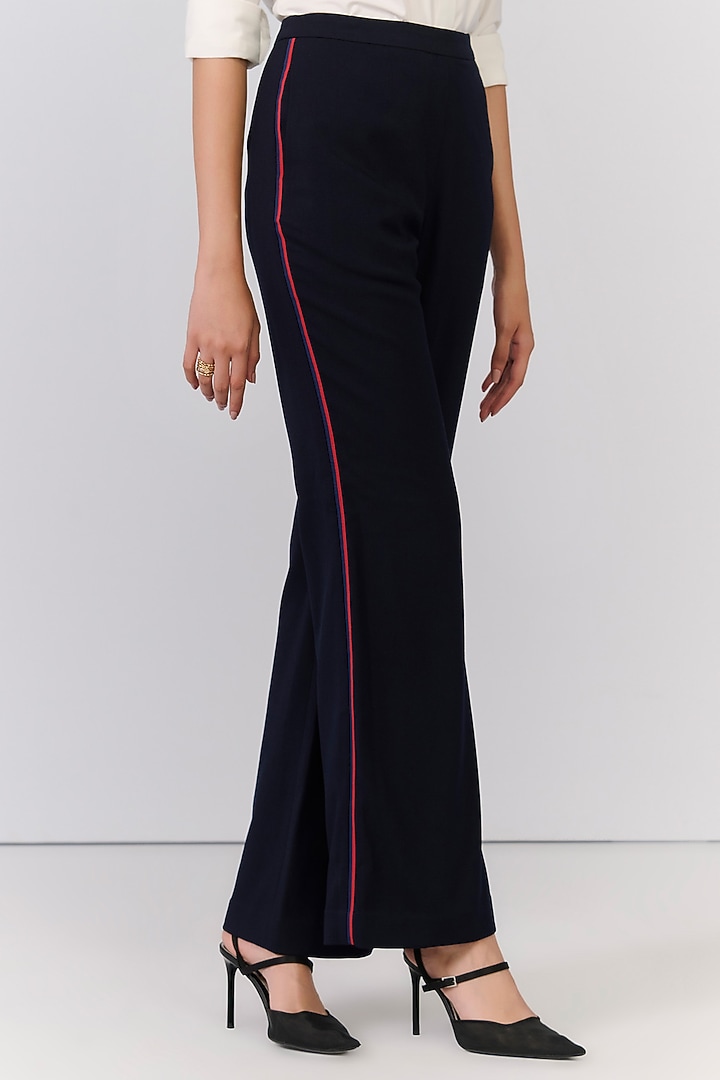 Navy Blue Poly Blend Viscose Lycra Embellished Trousers by S&N by Shantnu Nikhil at Pernia's Pop Up Shop