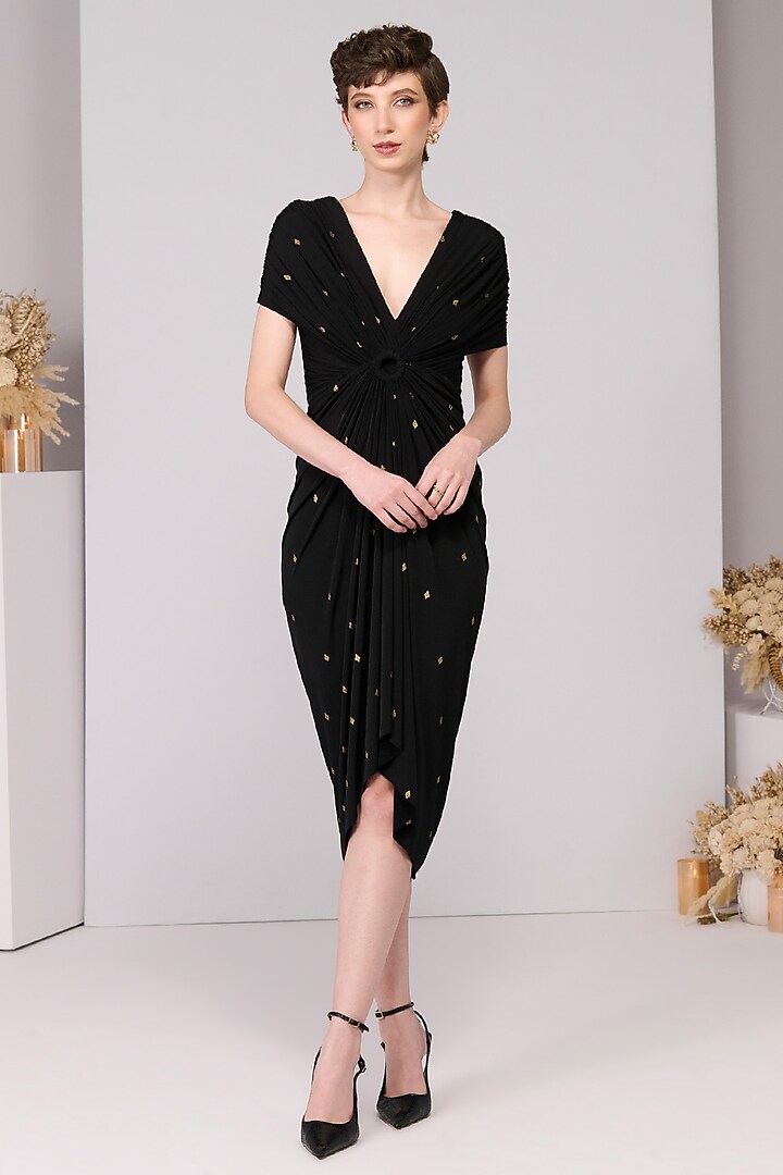 Black Poly Jersey Printed & Embroidered Vacation Dress by S&N by Shantnu Nikhil at Pernia's Pop Up Shop