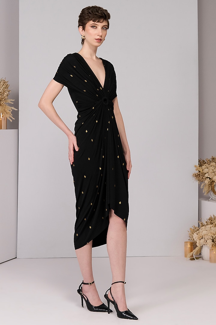 Black Poly Jersey Printed & Embroidered Vacation Dress by S&N by Shantnu Nikhil at Pernia's Pop Up Shop