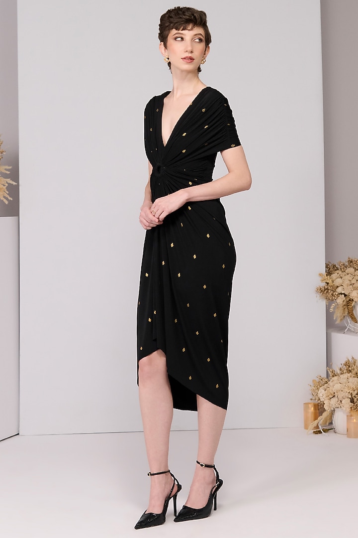 Black Poly Jersey Printed & Embroidered Vacation Dress by S&N by Shantnu Nikhil at Pernia's Pop Up Shop