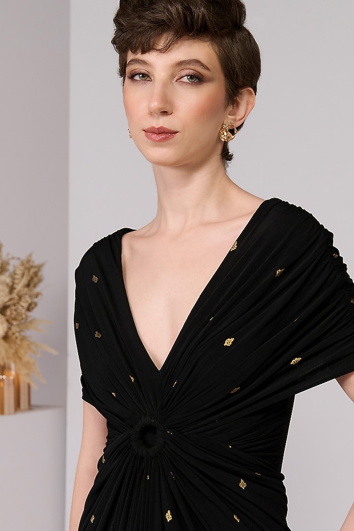 Black Poly Jersey Printed & Embroidered Vacation Dress by S&N by Shantnu Nikhil at Pernia's Pop Up Shop