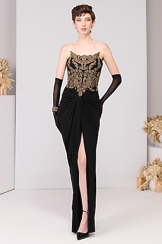 Black Poly Jersey Corset Gown by S&N by Shantnu Nikhil