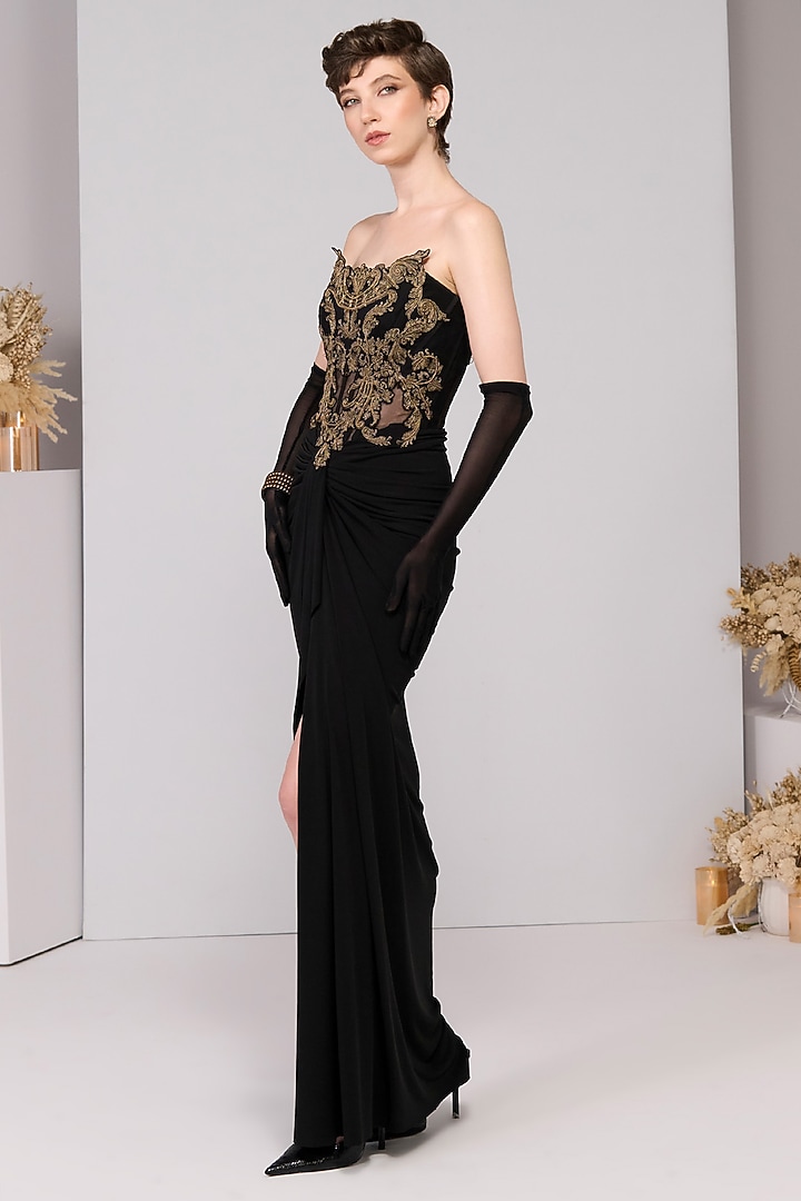 Black Poly Jersey Corset Engagement Gown by S&N by Shantnu Nikhil at Pernia's Pop Up Shop