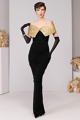 Black Poly Jersey Quilted Gown by S&N by Shantnu Nikhil