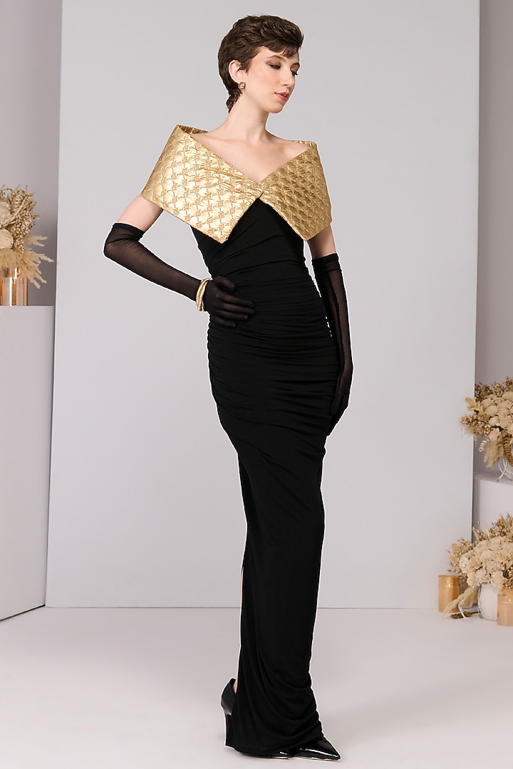 Black Poly Jersey Quilted Engagement Gown by S&N by Shantnu Nikhil at Pernia's Pop Up Shop