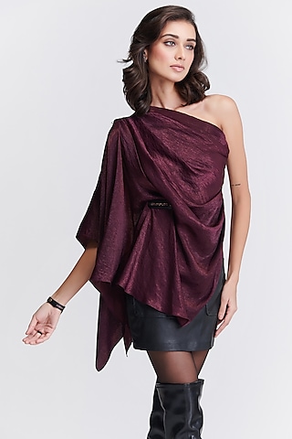 Plum Sandwash Satin One-Shoulder Draped Top by S&N by Shantnu Nikhil