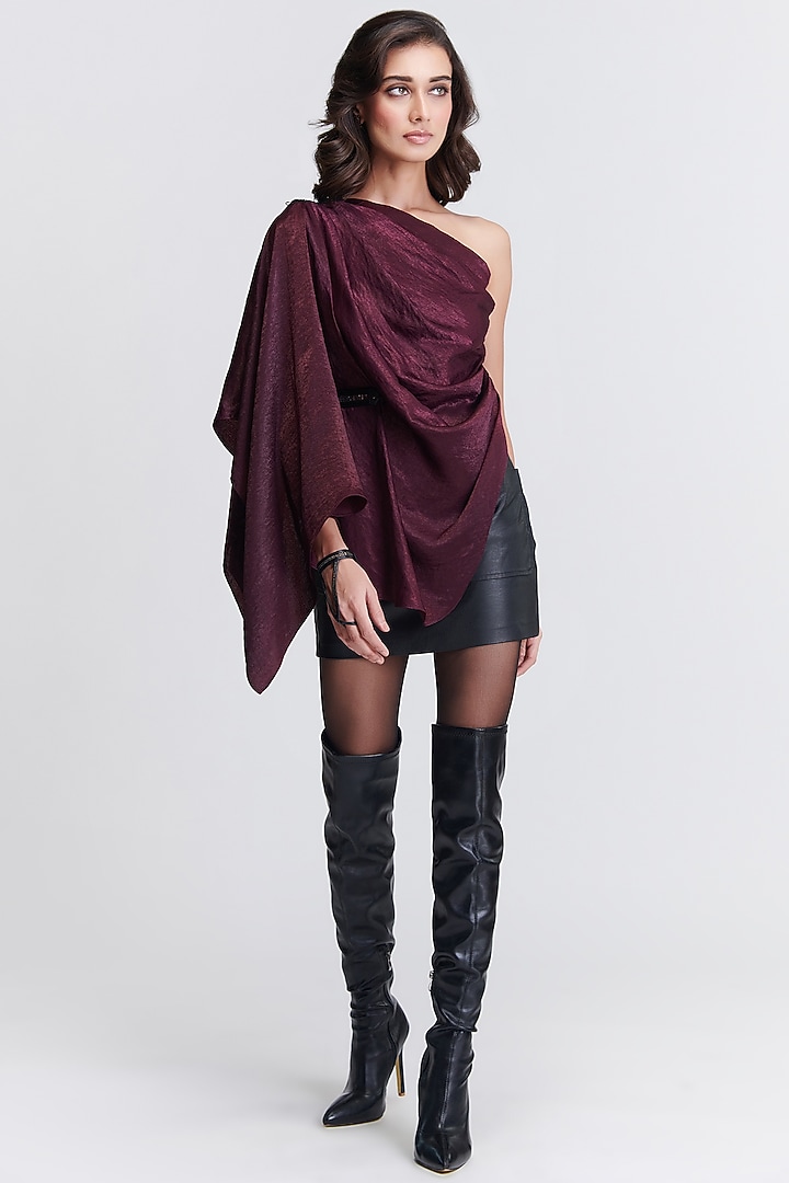 Plum Sandwash Satin One-Shoulder Draped Top by S&N by Shantnu Nikhil at Pernia's Pop Up Shop