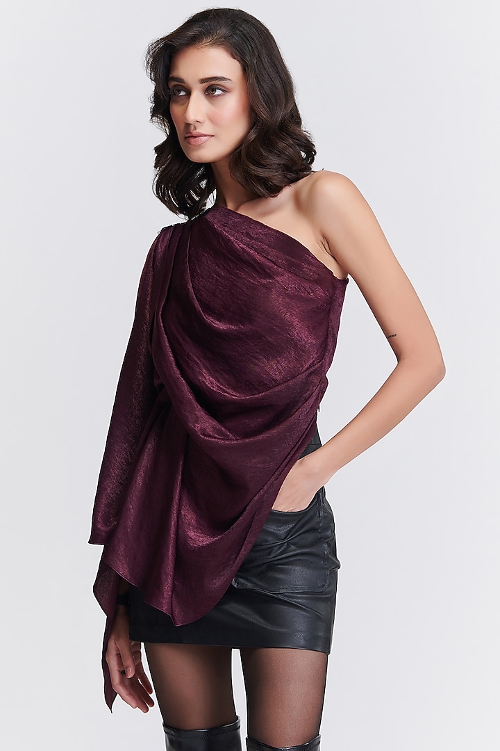 Plum Sandwash Satin One-Shoulder Draped Top by S&N by Shantnu Nikhil at Pernia's Pop Up Shop