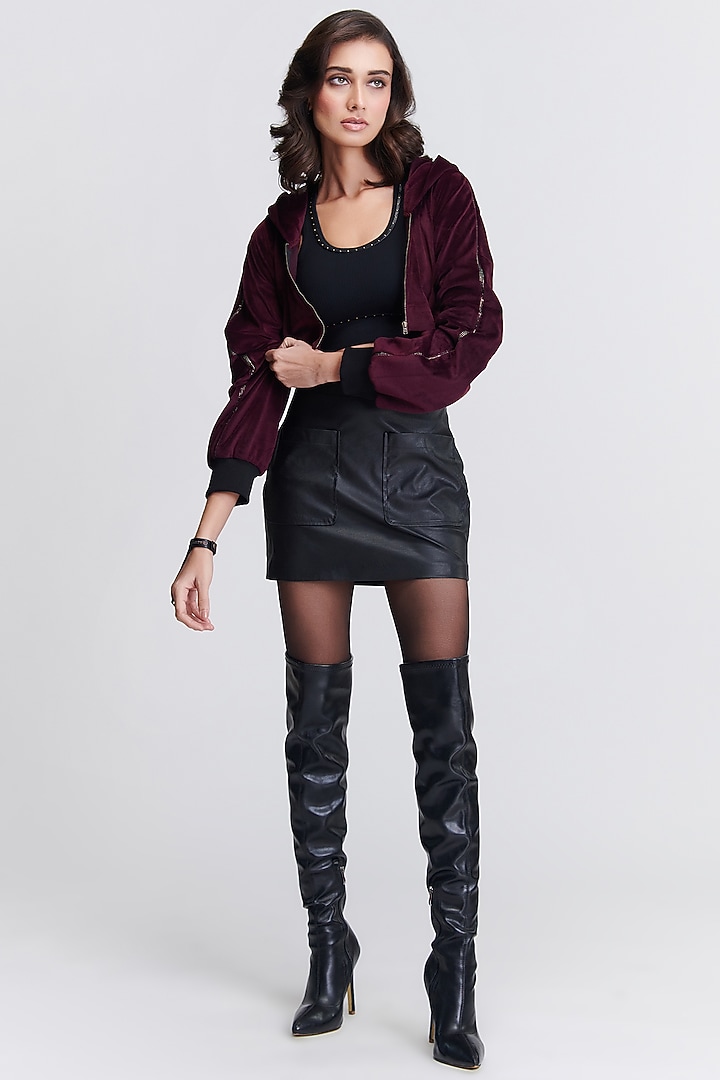 Plum Velvet Cropped Hoodie by S&N by Shantnu Nikhil at Pernia's Pop Up Shop