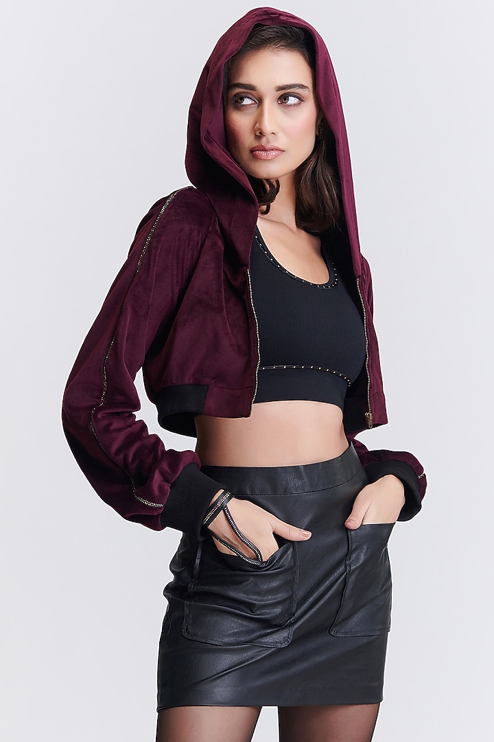 Plum Velvet Cropped Hoodie by S&N by Shantnu Nikhil at Pernia's Pop Up Shop