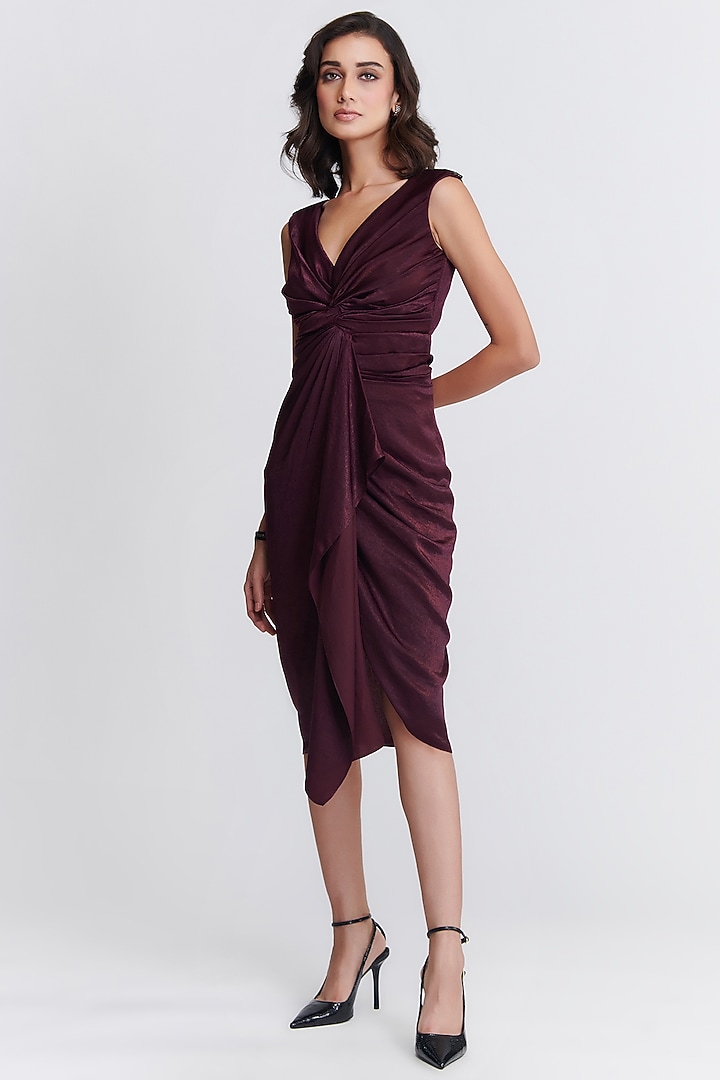 Plum Sandwash Satin Twisted Drape Vacation Dress by S&N by Shantnu Nikhil at Pernia's Pop Up Shop
